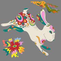 a rabbit with colorful flowers and leaves on a gray background vector