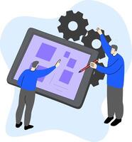 Two men are working on a tablet with gears vector