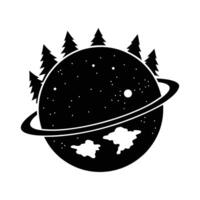The silhouette of a planet ringed with trees and stars, evoking a sense of wonder and the connection between nature and the cosmos. vector