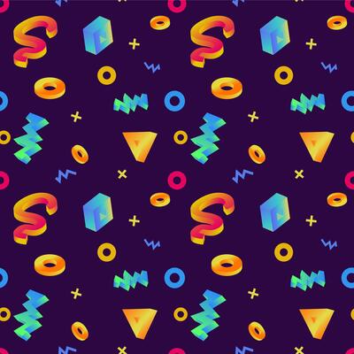 A seamless pattern with various 3D shapes, cute and bright with a gradient. The pattern includes geometric shapes and abstract forms, all of which convey a sense of playful creativity and whimsy