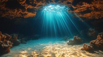 Beneath ocean surface, sunlight filters through water creating serene atmosphere that invites exploration and relaxation, perfect for beach vacations photo
