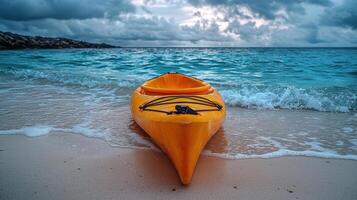 vibrant orange kayak rests on sandy beach as gentle waves lap at its sides, creating serene atmosphere perfect for vacations by beach photo