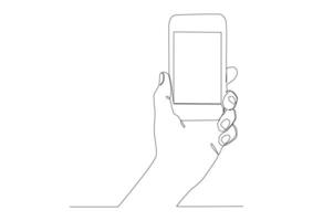 continuous one line drawing of hand using modern mobile phone. vector
