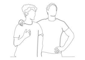 Continuous one line art of man looks at a friend with his hand on his shoulders, the concept of friendship, emotional support, comfort someone. vector