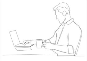 Continuous one line art of man sits at a laptop, he is typing something on it. Freelancer works remotely on a laptop. vector