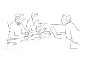 Continuous one line drawing of office workers at business meeting. vector
