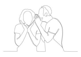 Continuous one line art of one of whom whispers in the ear of the other. Share a secret with a friend. Gossips. Can be used for animation. vector