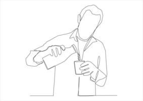 One continuous line drawing of A man with long hair drinks a drink directly from the bottle. vector
