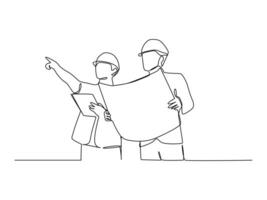 continuous line drawing of young architect discussing construction design with foreman manager. One line draw design graphic illustration. vector