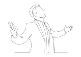 Continuous one line art of man spread his arms to the sides like bird or airplane face pointing up. vector