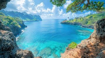 stunning beach view captures essence of vacations with crystal clear waters and lush greenery surrounding coastline. tranquil scene invites relaxation and adventure photo
