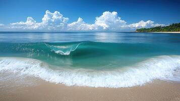 serene beach scene captures beauty of vacations with gentle waves lapping at shore under clear blue sky. tranquil atmosphere invites relaxation and enjoyment photo