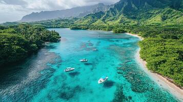 stunning beach scene captures essence of vacations with crystal clear turquoise waters and lush green mountains background. Boats gently float serene water, inviting relaxation and adventure photo