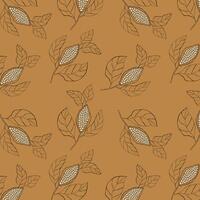 Cocoa branches with beans fruits, seamless pattern, contour stylized hand drawing, on orange brown background. vector