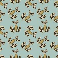 Seamless pattern with cocoa bean branches, hand drawn sketch, outline doodle drawing. For packaging, wrapping, label, wallpaper, on blue background. vector