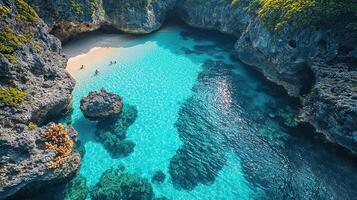 stunning beach scene captures essence of vacations with crystal clear turquoise waters surrounded by rocky cliffs and lush greenery. This serene location invites relaxation and adventure photo