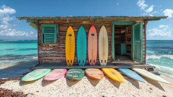 vibrant beach scene showcases colorful surfboards lined up against rustic wooden shack, inviting you to enjoy vacations filled with sun and surf. turquoise waves gently lap shore, creating serene photo