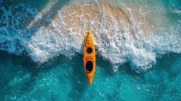 vibrant orange kayak rests on sandy beach as waves gently crash around it, creating perfect scene for vacations filled with adventure and relaxation by water photo