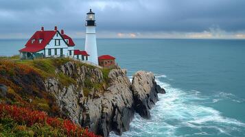 picturesque lighthouse stands rugged cliff overlooking ocean, surrounded by vibrant coastal vegetation. This serene scene captures essence of beach vacations, inviting tranquility and exploration photo