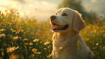 A golden retriever dog sitting in a field of flowers photo