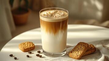 A glass of coffee with cream and cookies photo