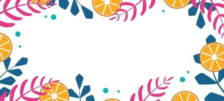 Frame with oranges and palm leaves on a white background. Banner, postcard vector