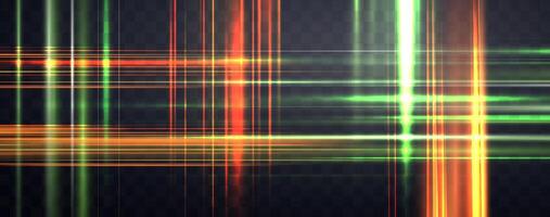 Speed rays, light neon flow, noise effect, orange and green glow speed lines, colorful light trails. Glitch screen bg. Abstract futuristic illustration. vector