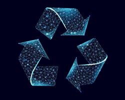 Recycling sign, glowing blue lowpoly wireframe on a dark background. illustration design concept of Environment day. vector
