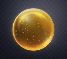 Orange magic fantasy sphere. Crystal ball with glowing sparkles and particles. Energy orb with glow flare light effect. Isolated on dark background vector