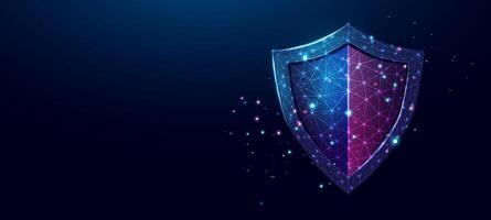 Guard shield. Cyber security concept with glowing low poly shield on dark background. Wireframe low poly design. Abstract futuristic illustration. vector