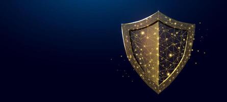 Guard shield. Cyber security concept with low poly shield on dark blue background. Wireframe low poly design. Abstract futuristic illustration. vector