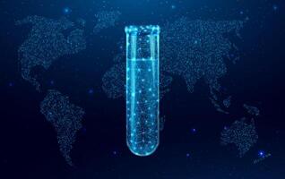 Wireframe polygonal test tube with globe map. Glowing blue lowpoly wireframe glass flask on a dark background. illustration design concept for medical industry and chemical labor. vector