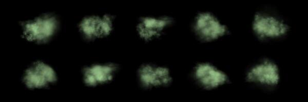 Set of realistic green smokes or haze on a black background. Magic fog, vapor. vector
