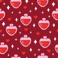 Seamless pattern with magical love potion, stars and hearts. Hand drawn illustration in pixel style for wrapping paper, textile, fabric. vector
