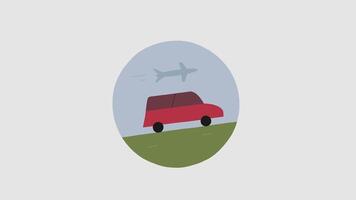 Animated A minimalist illustration within an oval shape showing a red car on green ground and a gray airplane flying above in a light blue sky video