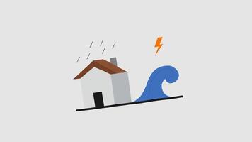Animated A minimalist illustration depicts a house being threatened by a large wave and lightning during a rainstorm video