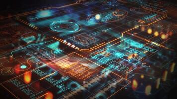 Futuristic interface displaying complex data analysis and processing information video