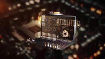 Laptop showing futuristic user interface with graphs and statistics displaying video