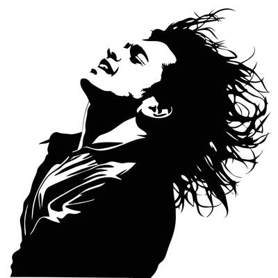 Silhouette Of Woman With Flowing Hair Looking Upward In Black And White