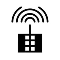 Black Silhouette Icon Of Smart Building Communicating With Wireless Signal vector