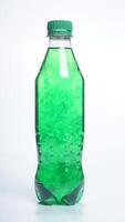 Green colored water in plastic bottle isolated on white background photo