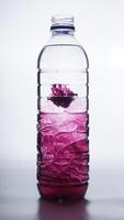 Purple colored water in transparent plastic bottle isolated on white background photo
