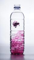 Purple colored water in plastic bottle isolated on white background photo