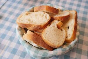 Freshly sliced bread served in a basket during a meal gathering photo