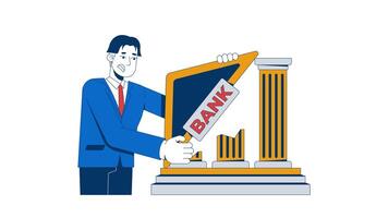 Bank collapse 2D animation. Economic crisis. Institution banking intervention. Banker trying to hold up crumbling structure animated character cartoon flat concept metaphor 4K isolated on white video