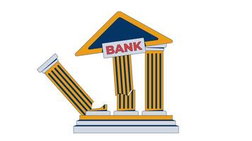 Collapsing bank structure with tilted sign, broken pillars 2D cartoon object animation. Economic failure. Falling institution architecture animated flat colorful item 4K isolated on white video