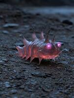 An alien larva with glowing eyes crawls on a rocky surface photo