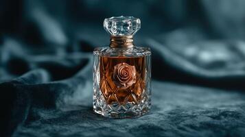 Elegant perfume bottle with rose on a velvet background photo
