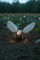 A futuristic robotic insect with glowing lights in a field at night photo