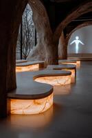Modern interior design with illuminated benches and tree like structures photo